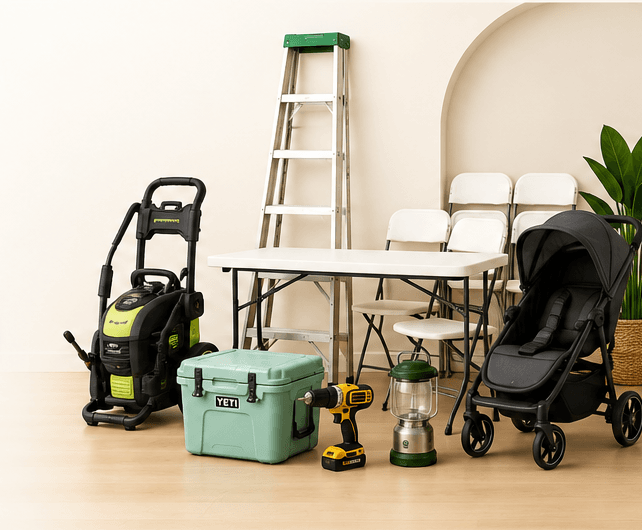 Rentable neighborhood items including a pressure washer, ladder, tables, cooler, drill, lantern, and stroller